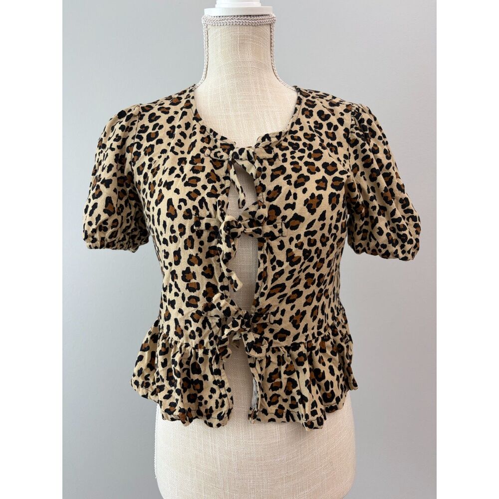 Animal Print Peplum Puff Sleeve Linen Blend Womens Small Tie Front Top Boho Y2K